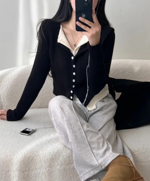yuue' ( wear )(ユーイ)の「フェイクレイヤード配色リブカーディガン(カーディガン/ボレロ・レディース・グレー/レッド/ブラック/チャコールグレー・FREE)」の22枚目の写真