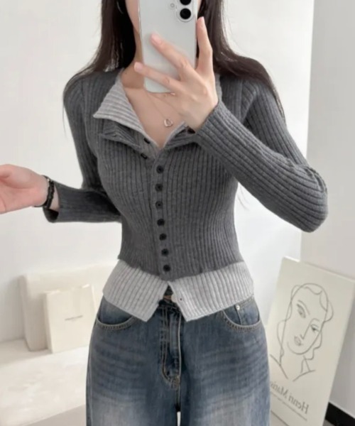 yuue' ( wear )(ユーイ)の「フェイクレイヤード配色リブカーディガン(カーディガン/ボレロ・レディース・グレー/レッド/ブラック/チャコールグレー・FREE)」の7枚目の写真