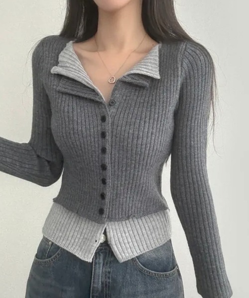 yuue' ( wear )(ユーイ)の「フェイクレイヤード配色リブカーディガン(カーディガン/ボレロ・レディース・グレー/レッド/ブラック/チャコールグレー・FREE)」の6枚目の写真
