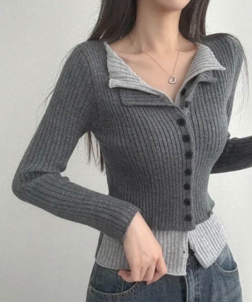 yuue' ( wear )(ユーイ)の「フェイクレイヤード配色リブカーディガン(カーディガン/ボレロ・レディース・グレー/レッド/ブラック/チャコールグレー・FREE)」の5枚目の写真