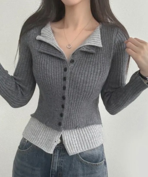 yuue' ( wear )(ユーイ)の「フェイクレイヤード配色リブカーディガン(カーディガン/ボレロ・レディース・グレー/レッド/ブラック/チャコールグレー・FREE)」の9枚目の写真