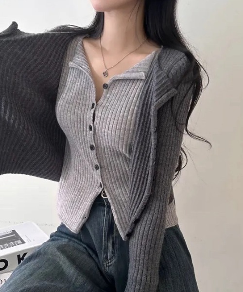 yuue' ( wear )(ユーイ)の「フェイクレイヤード配色リブカーディガン(カーディガン/ボレロ・レディース・グレー/レッド/ブラック/チャコールグレー・FREE)」の11枚目の写真
