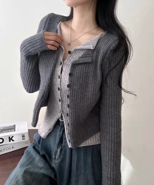 yuue' ( wear )(ユーイ)の「フェイクレイヤード配色リブカーディガン(カーディガン/ボレロ・レディース・グレー/レッド/ブラック/チャコールグレー・FREE)」の10枚目の写真