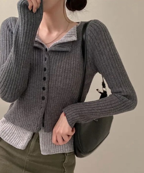 yuue' ( wear )(ユーイ)の「フェイクレイヤード配色リブカーディガン(カーディガン/ボレロ・レディース・グレー/レッド/ブラック/チャコールグレー・FREE)」の12枚目の写真