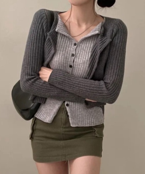 yuue' ( wear )(ユーイ)の「フェイクレイヤード配色リブカーディガン(カーディガン/ボレロ・レディース・グレー/レッド/ブラック/チャコールグレー・FREE)」の13枚目の写真