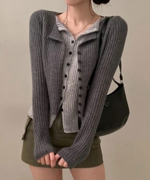 yuue' ( wear )(ユーイ)の「フェイクレイヤード配色リブカーディガン(カーディガン/ボレロ・レディース・グレー/レッド/ブラック/チャコールグレー・FREE)」の15枚目の写真