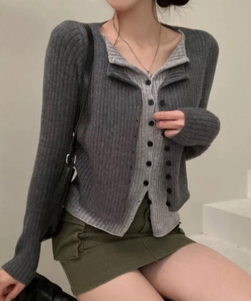 yuue' ( wear )(ユーイ)の「フェイクレイヤード配色リブカーディガン(カーディガン/ボレロ・レディース・グレー/レッド/ブラック/チャコールグレー・FREE)」の16枚目の写真