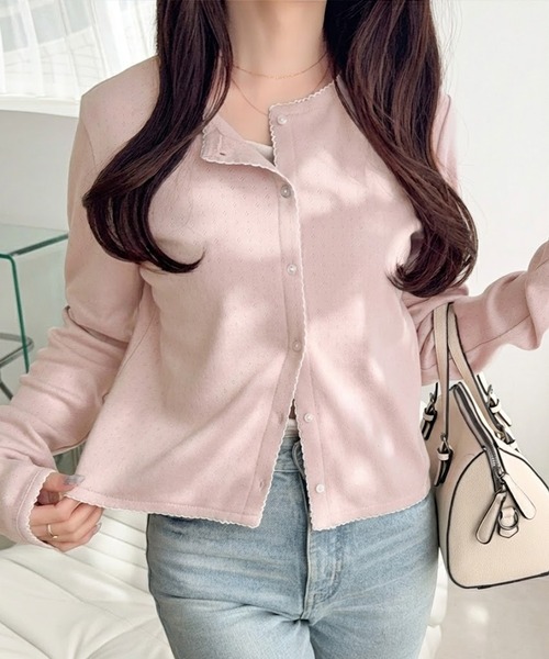 mily bilet（ミウィビレット）の「【mily bilet】ピコレースで甘さをひとさじ♪パターンメッシュヘンリーロングスリーブカーディガン（カーディガン/ボレロ・レディース・アイボリー/ピンク/ブラック/チャコールグレー・X-LARGE/SMALL/MEDIUM/LARGE）」の4枚目の写真