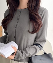 【26AW新色追加♪】【mily bilet】ピコレースで甘さをひとさじ♪パターンメッシュヘンリーロングスリーブカーディガン