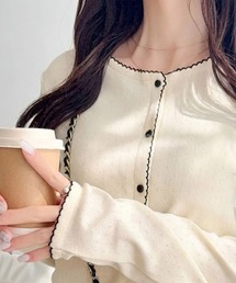 【26AW新色追加♪】【mily bilet】ピコレースで甘さをひとさじ♪パターンメッシュヘンリーロングスリーブカーディガン