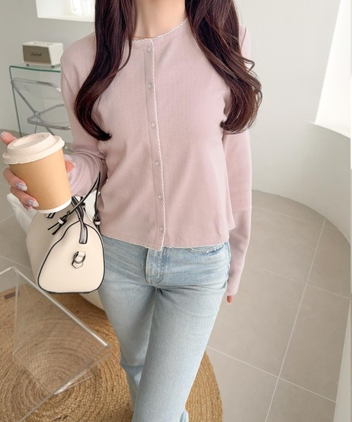 mily bilet（ミウィビレット）の「【mily bilet】ピコレースで甘さをひとさじ♪パターンメッシュヘンリーロングスリーブカーディガン（カーディガン/ボレロ・レディース・アイボリー/ピンク/ブラック/チャコールグレー・X-LARGE/SMALL/MEDIUM/LARGE）」の6枚目の写真