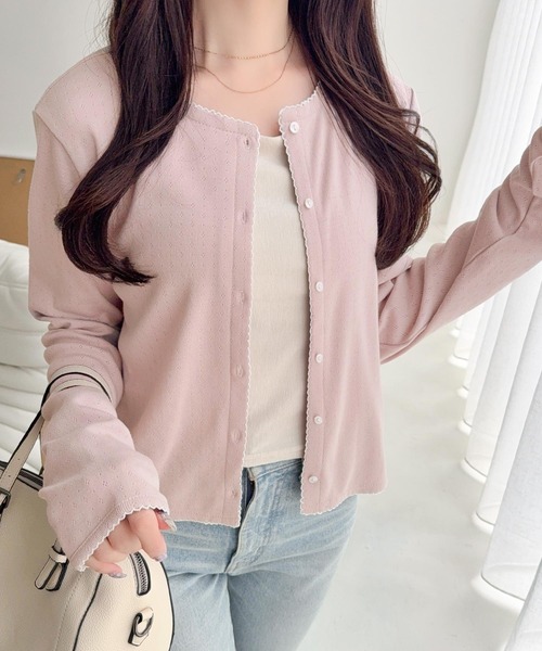 mily bilet（ミウィビレット）の「【mily bilet】ピコレースで甘さをひとさじ♪パターンメッシュヘンリーロングスリーブカーディガン（カーディガン/ボレロ・レディース・アイボリー/ピンク/ブラック/チャコールグレー・X-LARGE/SMALL/MEDIUM/LARGE）」の8枚目の写真