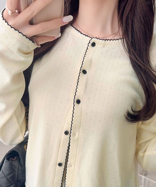 mily bilet（ミウィビレット）の「【mily bilet】ピコレースで甘さをひとさじ♪パターンメッシュヘンリーロングスリーブカーディガン（カーディガン/ボレロ・レディース・アイボリー/ピンク/ブラック/チャコールグレー・X-LARGE/SMALL/MEDIUM/LARGE）」の22枚目の写真