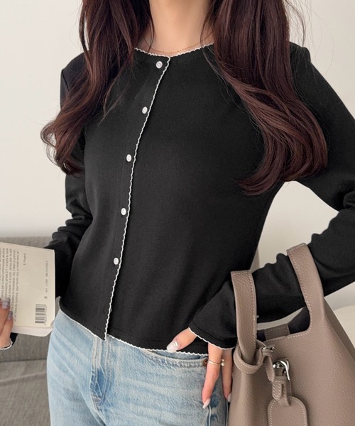 mily bilet（ミウィビレット）の「【mily bilet】ピコレースで甘さをひとさじ♪パターンメッシュヘンリーロングスリーブカーディガン（カーディガン/ボレロ・レディース・アイボリー/ピンク/ブラック/チャコールグレー・X-LARGE/SMALL/MEDIUM/LARGE）」の16枚目の写真