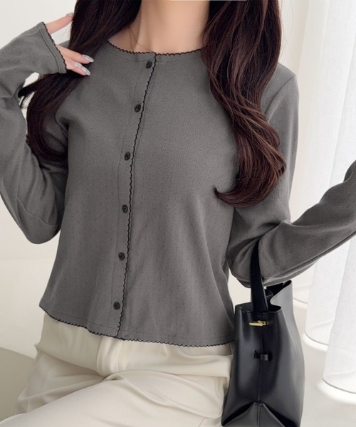 mily bilet（ミウィビレット）の「【mily bilet】ピコレースで甘さをひとさじ♪パターンメッシュヘンリーロングスリーブカーディガン（カーディガン/ボレロ・レディース・アイボリー/ピンク/ブラック/チャコールグレー・X-LARGE/SMALL/MEDIUM/LARGE）」の19枚目の写真