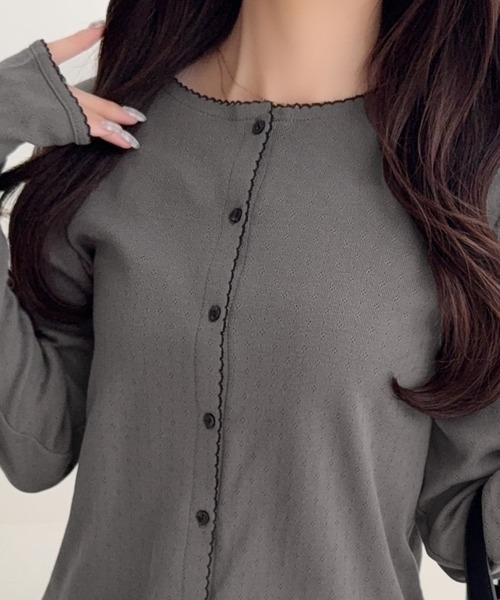 mily bilet（ミウィビレット）の「【mily bilet】ピコレースで甘さをひとさじ♪パターンメッシュヘンリーロングスリーブカーディガン（カーディガン/ボレロ・レディース・アイボリー/ピンク/ブラック/チャコールグレー・X-LARGE/SMALL/MEDIUM/LARGE）」の13枚目の写真