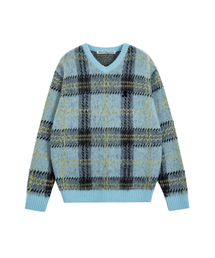 CHECK PATTERN HAIRY SWEATER - SKY BLUE