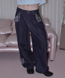 DENIM CHECK MIX PANTS INDIGO BLUE