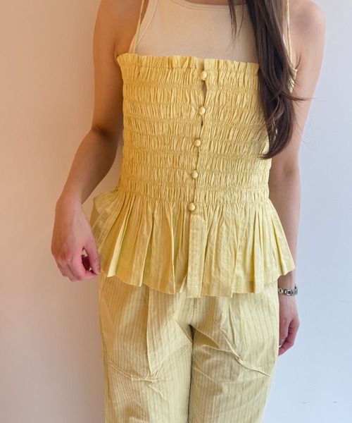 sara mallika(サラ マリカ)の「COTTON STRIPE JAQUARD SHIRRING TOP(キャミソール・レディース・グリーン/イエロー・FREE)」の8枚目の写真