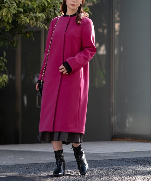 STRAWBERRY-FIELDS(ストロベリーフィールズ)の「ラムウールメルトン_ウールノーカラーロングコート(ノーカラーコート・レディース・オフホワイト/ブルー系その他/ローズ系/トップグレー/ブラック/ピンク系その他・2)」の6枚目の写真