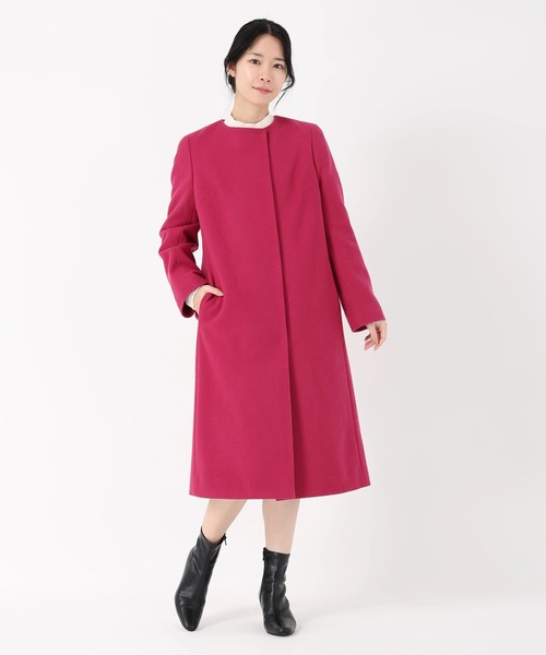 STRAWBERRY-FIELDS(ストロベリーフィールズ)の「ラムウールメルトン_ウールノーカラーロングコート(ノーカラーコート・レディース・オフホワイト/ブルー系その他/ローズ系/トップグレー/ブラック/ピンク系その他・2)」の7枚目の写真