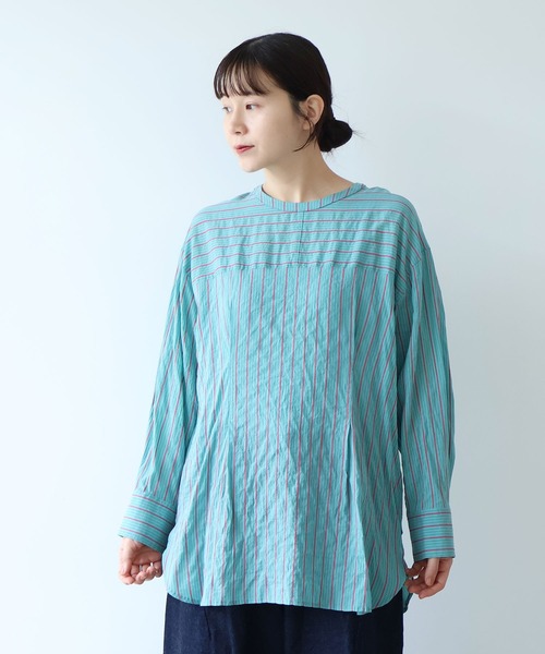 yuni（ユニ　）の「キュプラポリエステルコットン stripe 2way shirt（シャツ/ブラウス・レディース・アイボリー/パープル/グリーン・FREE）」の3枚目の写真