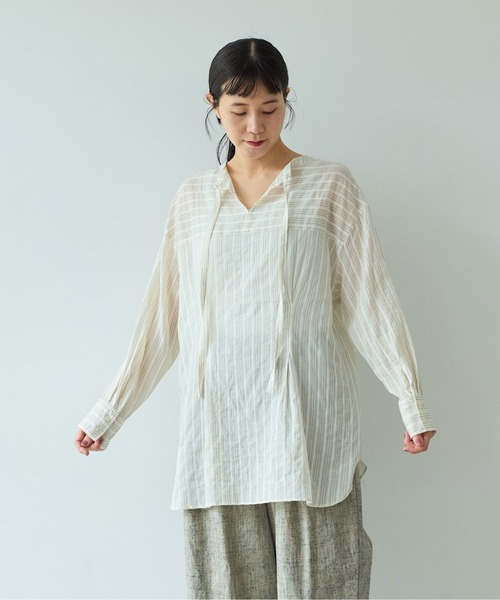 yuni（ユニ　）の「キュプラポリエステルコットン stripe 2way shirt（シャツ/ブラウス・レディース・アイボリー/パープル/グリーン・FREE）」の8枚目の写真
