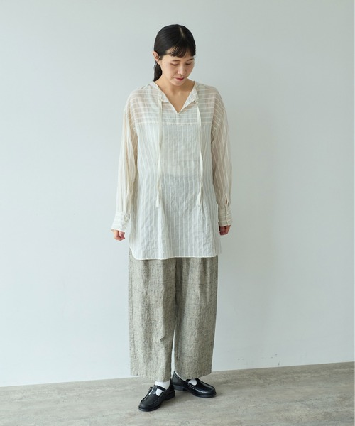 yuni（ユニ　）の「キュプラポリエステルコットン stripe 2way shirt（シャツ/ブラウス・レディース・アイボリー/パープル/グリーン・FREE）」の5枚目の写真