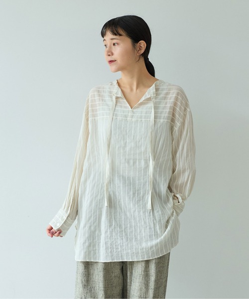 yuni（ユニ　）の「キュプラポリエステルコットン stripe 2way shirt（シャツ/ブラウス・レディース・アイボリー/パープル/グリーン・FREE）」の7枚目の写真