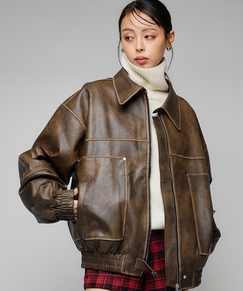 Narcissus（ナルシス）の「【ユニセックス】レザーブルゾンジャケット/オーバーサイズ（ブルゾン・レディース・ブラック/ブラウン・FREE）」の2枚目の写真