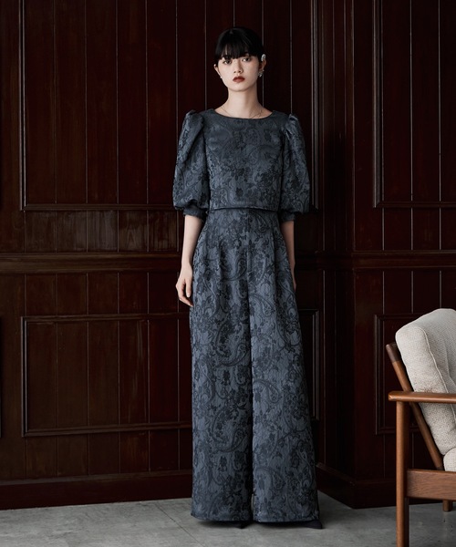 パンツドレス ジャガードクロップブラウス＆タックワイドパンツセットアップ　S etoll.（エトル） パンツドレス ジャガードクロップブラウス＆タック