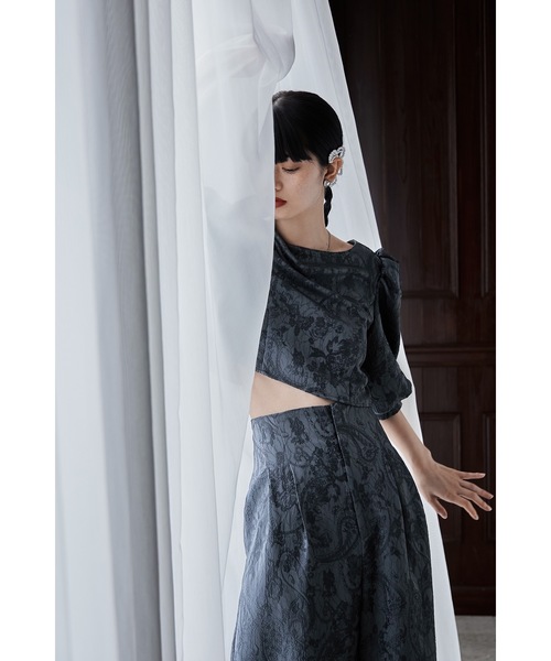 ジャガードクロップブラウス＆タックワイドパンツセットアップ（パンツ