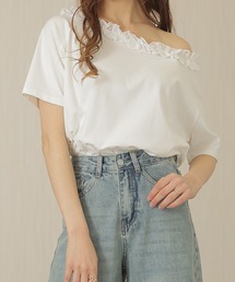 2way 配色 フリルネック 半袖 カット トップス