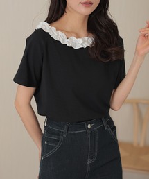 2way 配色 フリルネック 半袖 カット トップス