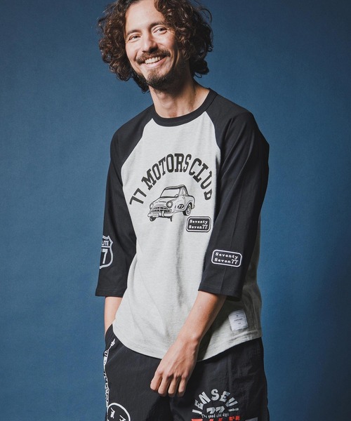 seventy seven(セブンティセブン)の「mt10168-half sleeve raglan t-shirt (77motors) ラグランTシャツ(7726S080)(Tシャツ/カットソー・メンズ・ホワイト×ネイビー/グレー系その他/ホワイト×ブラック・XL/L/M/S)」の3枚目の写真