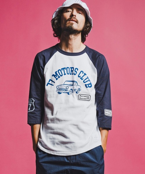 seventy seven(セブンティセブン)の「mt10168-half sleeve raglan t-shirt (77motors) ラグランTシャツ(7726S080)(Tシャツ/カットソー・メンズ・ホワイト×ネイビー/グレー系その他/ホワイト×ブラック・XL/L/M/S)」の4枚目の写真