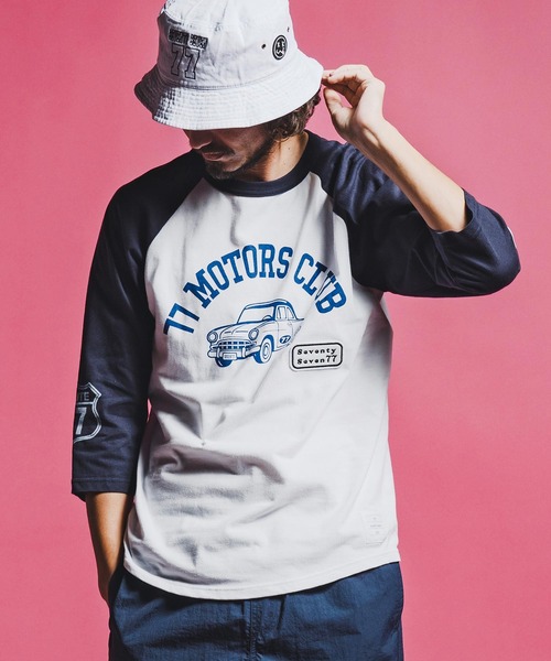 seventy seven(セブンティセブン)の「mt10168-half sleeve raglan t-shirt (77motors) ラグランTシャツ(7726S080)(Tシャツ/カットソー・メンズ・ホワイト×ネイビー/グレー系その他/ホワイト×ブラック・XL/L/M/S)」の5枚目の写真