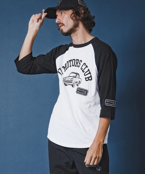 seventy seven(セブンティセブン)の「mt10168-half sleeve raglan t-shirt (77motors) ラグランTシャツ(7726S080)(Tシャツ/カットソー・メンズ・ホワイト×ネイビー/グレー系その他/ホワイト×ブラック・XL/L/M/S)」の8枚目の写真