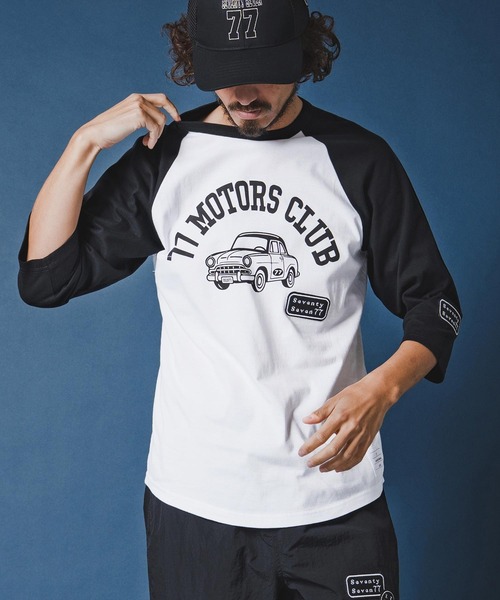 seventy seven(セブンティセブン)の「mt10168-half sleeve raglan t-shirt (77motors) ラグランTシャツ(7726S080)(Tシャツ/カットソー・メンズ・ホワイト×ネイビー/グレー系その他/ホワイト×ブラック・XL/L/M/S)」の9枚目の写真