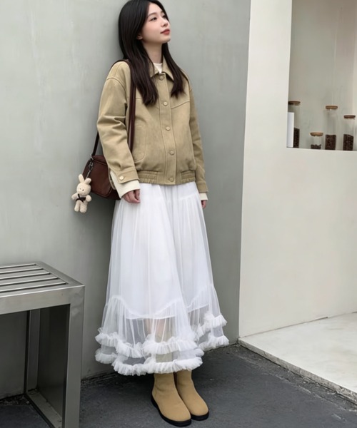 gossip!ロサンゼルス(ゴシップロサンゼルス)の「チュール フリルティアードゴムウエスト エレガント ロングスカート(スカート・レディース・オフホワイト/ホワイト・M)」の5枚目の写真