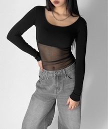 【LVEU.】シアードッキングトップス / トップス カットソー チュール シアードッキング ストレッチ Uネック デザインカット デザインカットソー 長袖 ブラック ネイビー ホワイト ZOZOTOWN限定