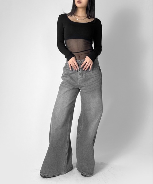 LVEU.(ラブユ.)の「【LVEU.】シアードッキングトップス / トップス カットソー チュール シアードッキング ストレッチ Uネック デザインカット デザインカットソー 長袖 ブラック ネイビー ホワイト ZOZOTOWN限定(Tシャツ/カットソー・レディース・ネイビー/ホワイト/ブラック・FREE)」の5枚目の写真