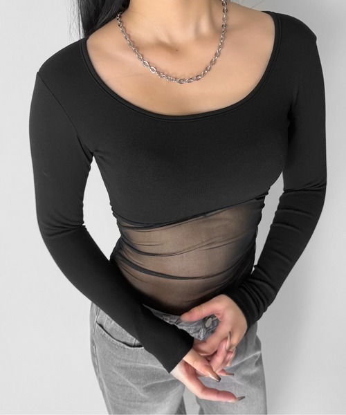 LVEU.(ラブユ.)の「【LVEU.】シアードッキングトップス / トップス カットソー チュール シアードッキング ストレッチ Uネック デザインカット デザインカットソー 長袖 ブラック ネイビー ホワイト ZOZOTOWN限定(Tシャツ/カットソー・レディース・ネイビー/ホワイト/ブラック・FREE)」の10枚目の写真