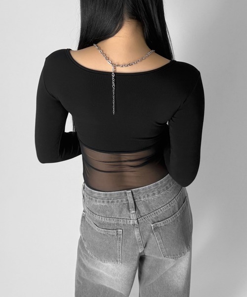 LVEU.(ラブユ.)の「【LVEU.】シアードッキングトップス / トップス カットソー チュール シアードッキング ストレッチ Uネック デザインカット デザインカットソー 長袖 ブラック ネイビー ホワイト ZOZOTOWN限定(Tシャツ/カットソー・レディース・ネイビー/ホワイト/ブラック・FREE)」の14枚目の写真
