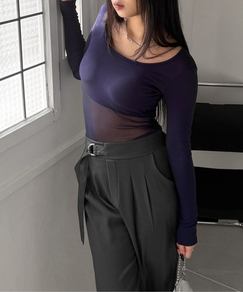 LVEU.(ラブユ.)の「【LVEU.】シアードッキングトップス / トップス カットソー チュール シアードッキング ストレッチ Uネック デザインカット デザインカットソー 長袖 ブラック ネイビー ホワイト ZOZOTOWN限定(Tシャツ/カットソー・レディース・ネイビー/ホワイト/ブラック・FREE)」の21枚目の写真