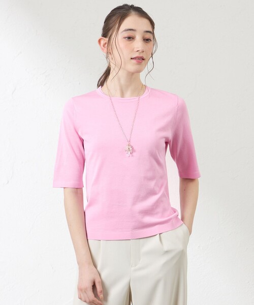 amaca(アマカ)の「コットンシルク クルーネックプルオーバー(Tシャツ/カットソー・レディース・ダークネイビー/ピンク系その他2・38/40)」の1枚目の写真