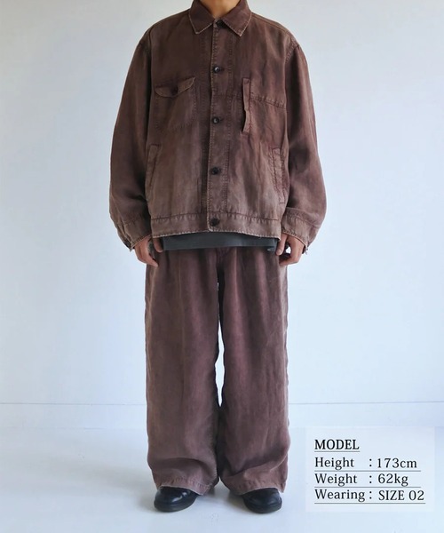 Anachronorm(アナクロノーム)の「【ANACHRONORM】FADED SULFUR DYED LINEN UTILITY JACKET(カバーオール・メンズ・ワイン・2)」の4枚目の写真