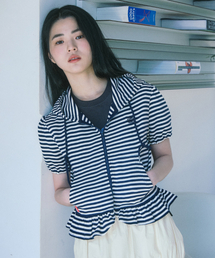 COMONINOZ（コモニノズ）の「Wストライプフードジップアップ[ネイビー]（パーカー）」