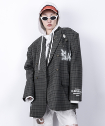BLACK BLOND（ブラック ブロンド）の「ビビディチェックオーバーサイズグラフィティロゴピアスブレザー（チャコール）（テーラードジャケット）」