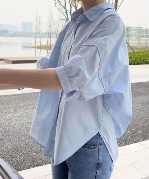 SallyLunn(サリーラン)の「抜け感ラウンドヘムオーバーシャツ(シャツ/ブラウス・レディース・ネイビー/ブルー/ホワイト・LARGE/MEDIUM)」の1枚目の写真